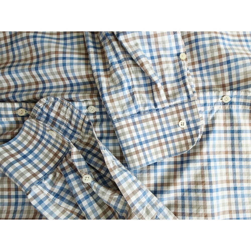 Isaia Napoli Mens 16.5 42 Blue Brown Check Cotton Button Down Shirt‎ Made Italy - Picture 6 of 11